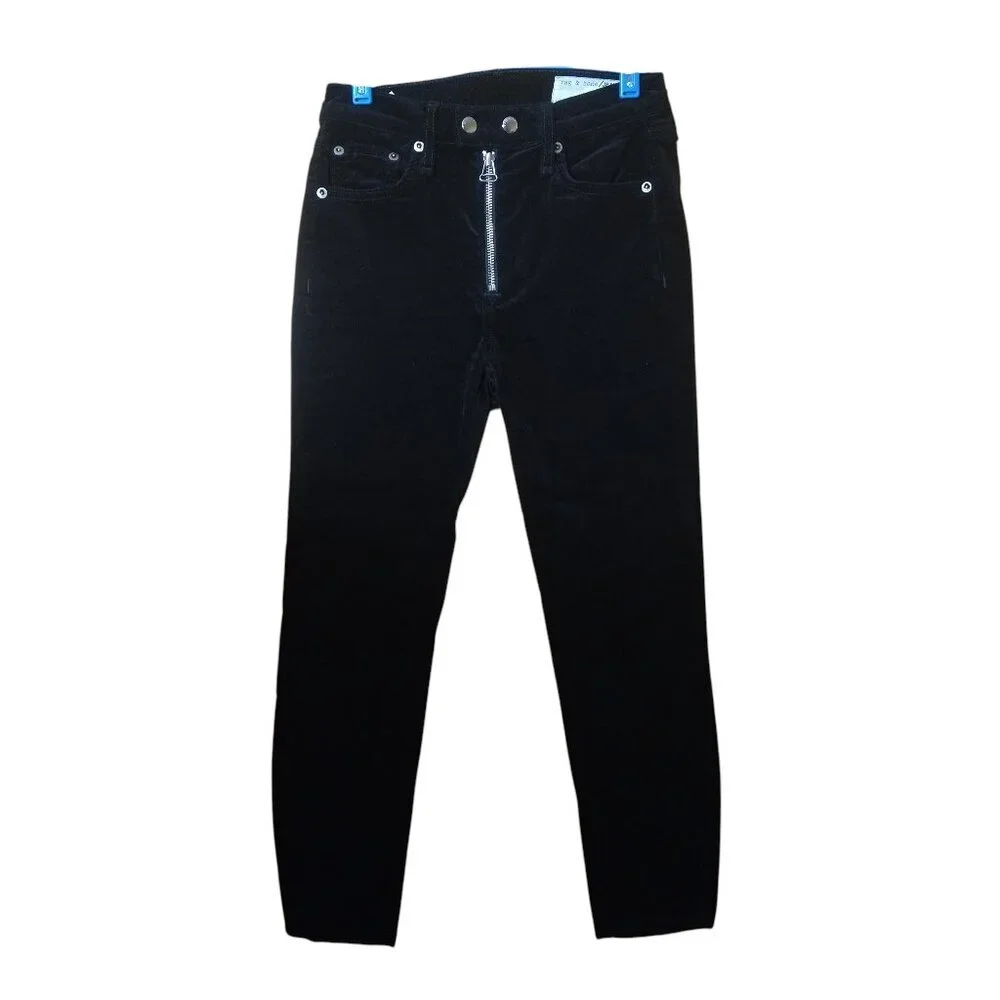 Rag & Bone Women's Size 25 Black Velvet Exposed Zipper Ankle Pants Stretch Goth